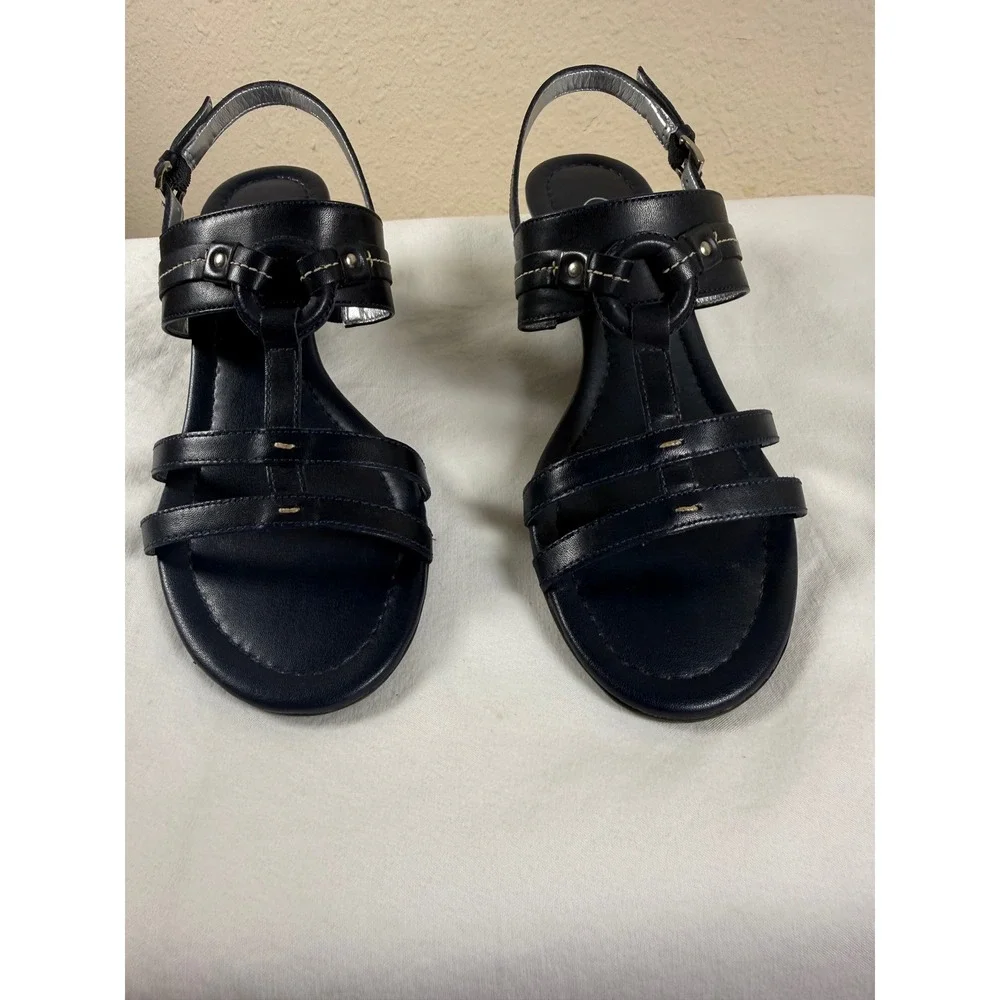 Talbots‎ Navy Blue Leather Wedge Sandals Strappy Slingback Brazil Womens 6.5 AA